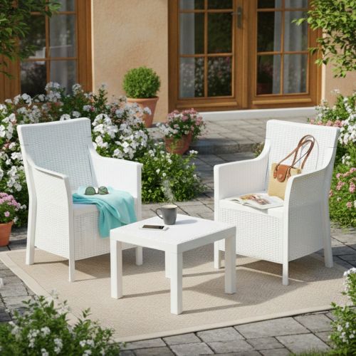Set Salotto da Esterno Bianco 2 Posti un Tavolino, Made in Italy - Ben