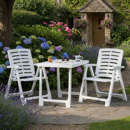 Set Salotto da Esterno Bianco 2 Posti un Tavolino, set da Campeggio Bistrot Made in Italy - Lithia
