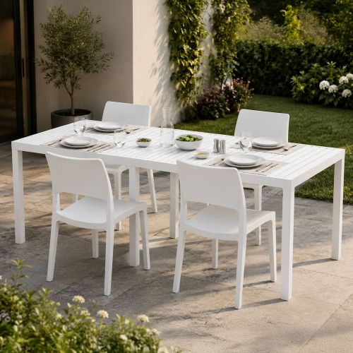 Set Salotto da Esterno Bianco 4 Posti Tavolo Tavolo Allungabile, Finitura Effetto Doghe Made in Italy - Masisanno