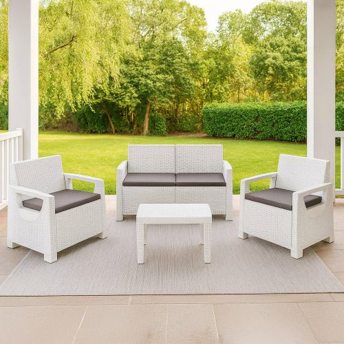 Set Salotto da Esterno Bianco 4 Posti un Tavolino, Cuscini Inclusi - Covo