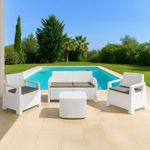 Set Salotto da Esterno Bianco 4 Posti un Tavolino, Cuscini Inclusi - Triulzi