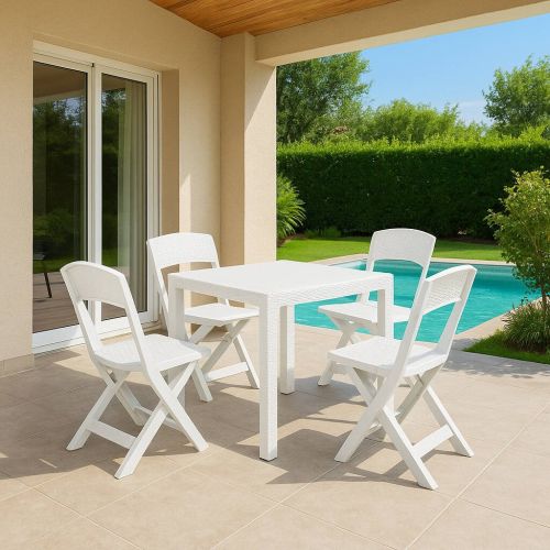 Set Salotto da Esterno Bianco 4 Posti un Tavolino, Impermeabile Made in Italy - Sanzeno