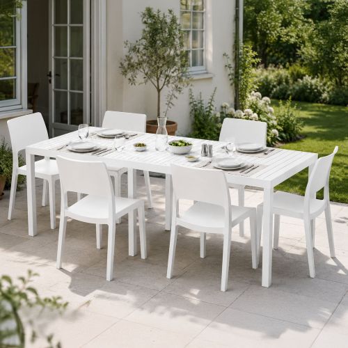 Set Salotto da Esterno Bianco 6 Posti Tavolo Tavolo Allungabile, Finitura Effetto Doghe Made in Italy - Masetanno