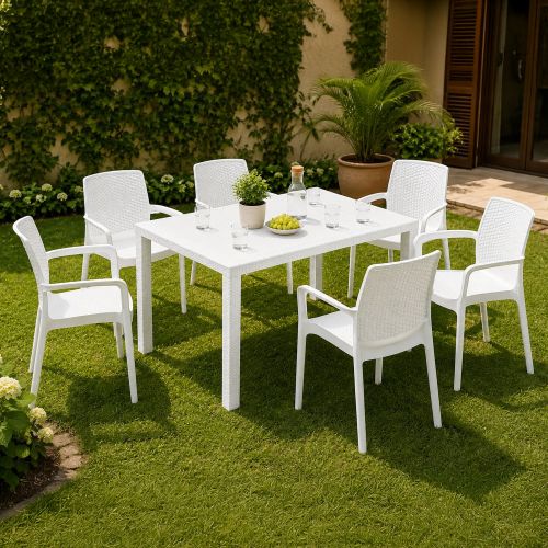 Set Salotto da Esterno Bianco 6 Posti un Tavolino, Impermeabile Idrorepellente Made in Italy - Matarene