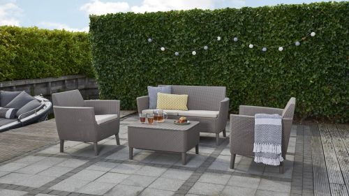 Set salotto da esterno Butera, Salottino outdoor, Set da balcone o giardino, Composizione soggiorno per esterni, 133x67 h76 cm, Tortora