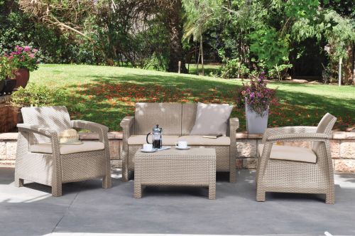 Set salotto da esterno Dolcedo, Salottino outdoor, Set da balcone o giardino, Composizione soggiorno per esterni, 128x70 h79 cm, Beige