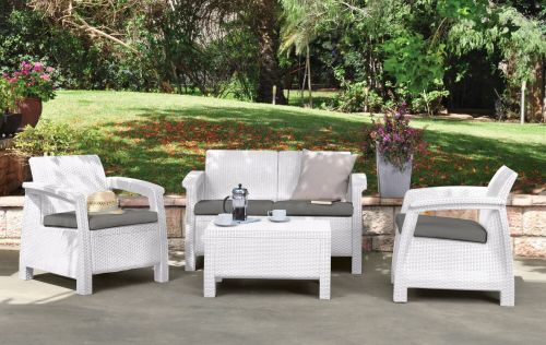 Set salotto da esterno Dolcedo, Salottino outdoor, Set da balcone o giardino, Composizione soggiorno per esterni, 128x70 h79 cm, Bianco