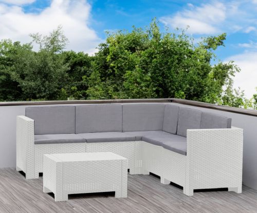 Set salotto da esterno Encelado, Salottino outdoor, Set da balcone o giardino, Composizione soggiorno per esterni, Made in Italy, Bianco