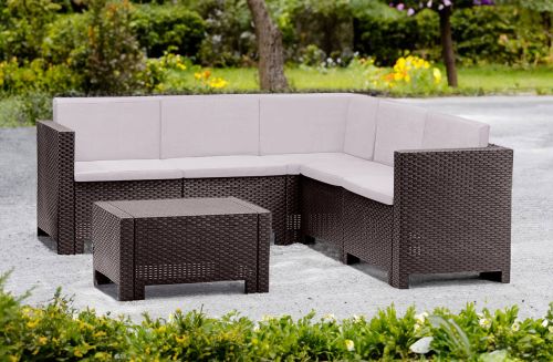 Set salotto da esterno Encelado, Salottino outdoor, Set da balcone o giardino, Composizione soggiorno per esterni, Made in Italy, Marrone