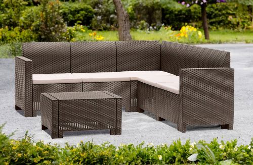 Set salotto da esterno Eris, Salottino outdoor, Set da balcone o giardino, Composizione soggiorno per esterni, Made in Italy, Tortora