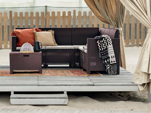 Set salotto da esterno Eris, Set da giardino con cuscini, Salottino indoor e outdoor effetto rattan, 100% Made in Italy, Marrone
