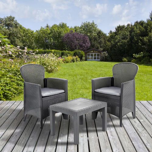 Set salotto da esterno Foggia, Set da giardino con 2 poltrone ed 1 tavolino, Salottino effetto rattan con cuscini, 100% Made in Italy, Antracite