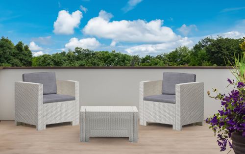 Set salotto da esterno Ganimede, Salottino outdoor, Set da balcone o giardino, Composizione soggiorno per esterni, Made in Italy, Bianco