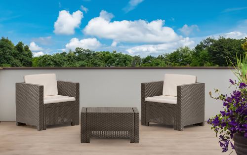 Set salotto da esterno Ganimede, Salottino outdoor, Set da balcone o giardino, Composizione soggiorno per esterni, Made in Italy, Marrone