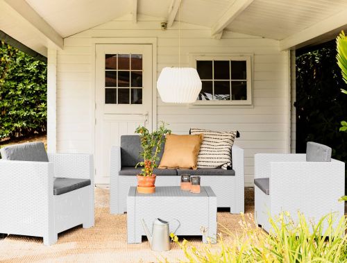 Set salotto da esterno Kuiper, Salottino outdoor, Set da balcone o giardino, Composizione soggiorno per esterni, Made in Italy, Bianco