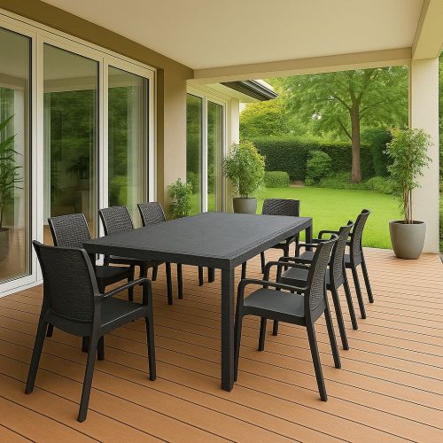 Set salotto da esterno Manarola, Salottino outdoor, Tavolo rettangolare allungabile con 8 sedie con braccioli, Made in Italy, Antracite