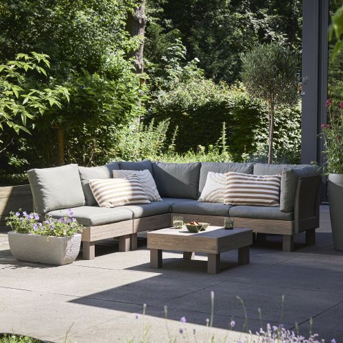 Set Salotto da Esterno Marrone Noce Grigio 5 Posti un Tavolino, Componibile Modulabile Resistente ai Raggi uv Impermeabile - Kendrick