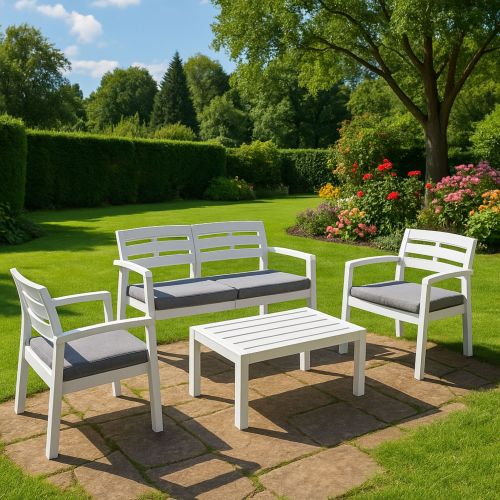 Set salotto da esterno Massa, Set da giardino con 2 poltrone, 1 divano ed 1 tavolino, Salottino indoor e outdoor con cuscini, 100% Made in Italy, Bianco