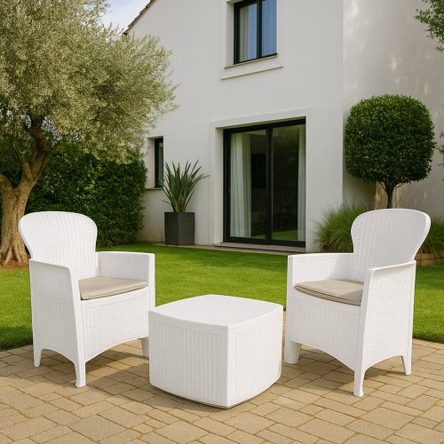 Set salotto da esterno Napoli, Set da giardino con 2 poltrone ed 1 tavolino contenitore, Salottino effetto rattan, 100% Made in Italy, Bianco
