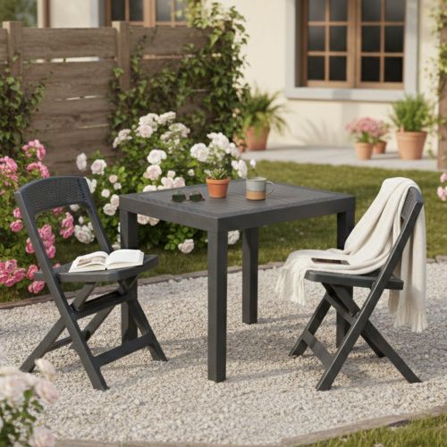 Set Salotto da Esterno Nero Antracite 2 Posti un Tavolino, Made in Italy - Corinth