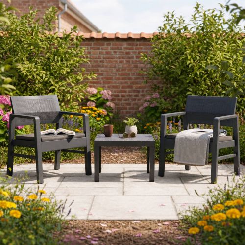 Set Salotto da Esterno Nero Antracite 2 Posti un Tavolino, Made in Italy - Floritan