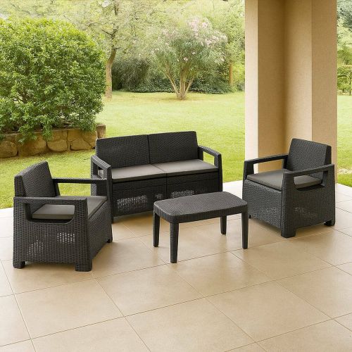 Set Salotto da Esterno Nero Antracite 4 Posti un Tavolino, Cuscini Inclusi - Covo