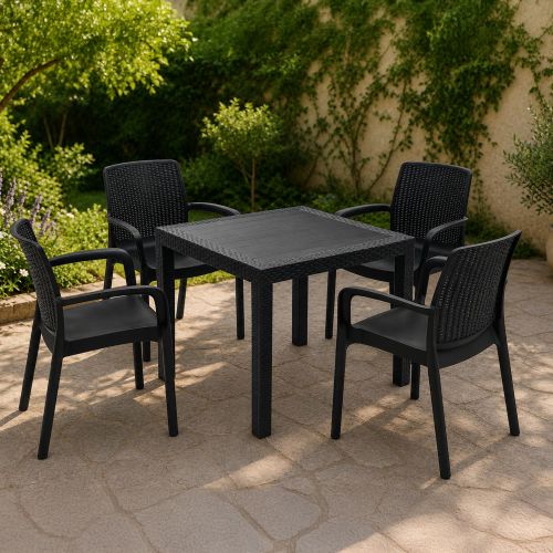 Set Salotto da Esterno Nero Antracite 4 Posti un Tavolino, Impermeabile Idrorepellente Made in Italy - Mataga