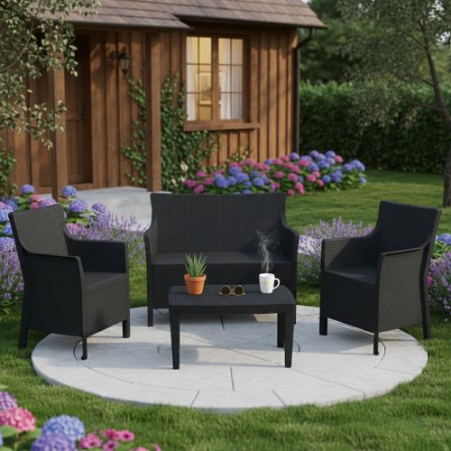 Set Salotto da Esterno Nero Antracite 4 Posti un Tavolino, Made in Italy - Lasca