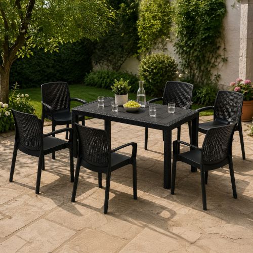 Set Salotto da Esterno Nero Antracite 6 Posti un Tavolino, Impermeabile Idrorepellente Made in Italy - Matarene