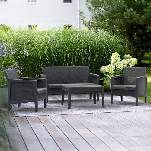 Set Salotto da Esterno Nero Antracite Grigio 4 Posti un Tavolino, Resistenti ai Raggi uv - Geneva
