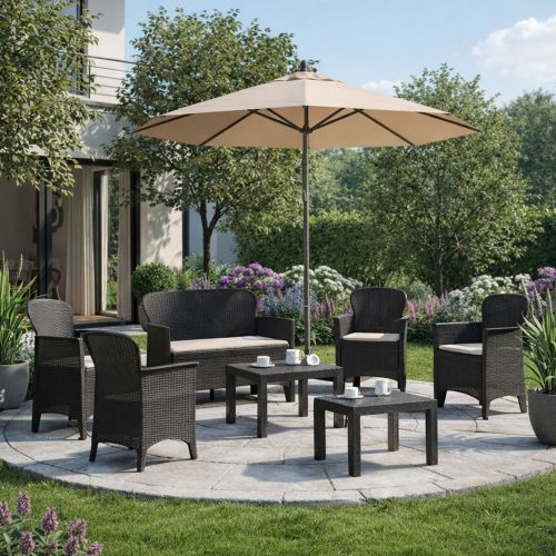 Set Salotto da Esterno Nero Antracite Nero Antracite 6 Posti 2 Tavolini, Impermeabile Idrorepellente Made in Italy - Curno