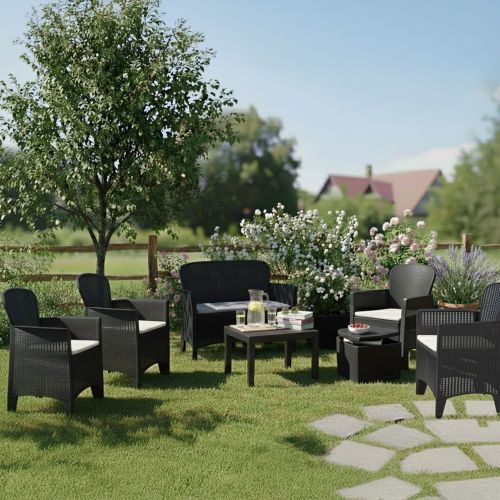 Set Salotto da Esterno Nero Antracite Nero Antracite 6 Posti 2 Tavolini, Impermeabile Idrorepellente Made in Italy - Dervio