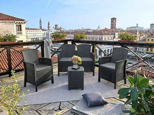 Set salotto da esterno Nettuno, Set da giardino con cuscini, Salottino indoor e outdoor effetto rattan, 100% Made in Italy, Antracite