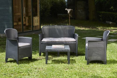 Set salotto da esterno Ostuni, Set da giardino con 2 poltrone, 1 divano ed 1 tavolino, Salottino effetto rattan con cuscini, 100% Made in Italy, Antracite