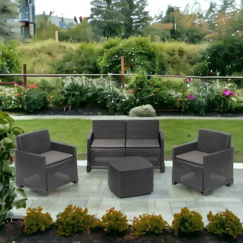 Set salotto da esterno Peschici, Set da giardino con 2 poltrone, 1 divano e 1 tavolino contenitore, Effetto rattan con cuscini, 100% Made in Italy, Antracite