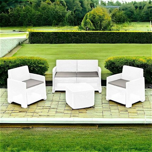 Set salotto da esterno Peschici, Set da giardino con 2 poltrone, 1 divano e 1 tavolino contenitore, Effetto rattan con cuscini, 100% Made in Italy, Bianco