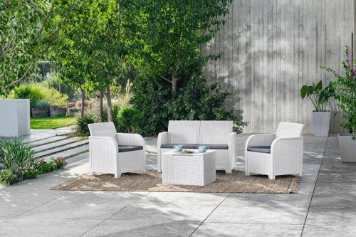Set salotto da esterno Sgonico, Salottino outdoor, Set da balcone o giardino, Composizione soggiorno per esterni, 113x65 h74 cm, Bianco