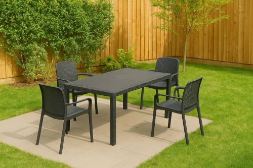 Set salotto da esterno Tarquinia, Salottino outdoor e indoor, Tavolo rettangolare fisso con 4 sedie impilabili, Made in Italy, Antracite