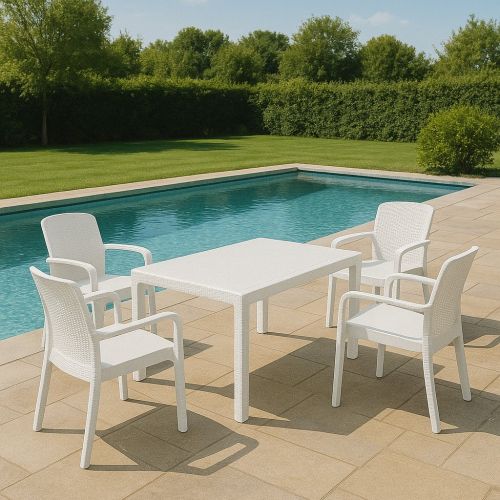 Set salotto da esterno Tarquinia, Salottino outdoor e indoor, Tavolo rettangolare fisso con 4 sedie impilabili, Made in Italy, Bianco