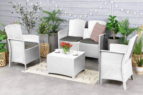 Set salotto da esterno Urano, Set da giardino con cuscini, Salottino indoor e outdoor effetto rattan, 100% Made in Italy, Bianco