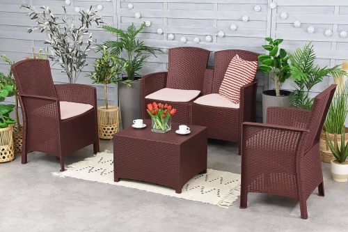 Set salotto da esterno Urano, Set da giardino con cuscini, Salottino indoor e outdoor effetto rattan, 100% Made in Italy, Marrone