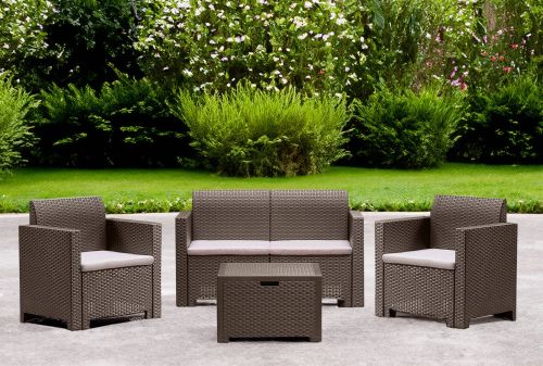 Set salotto da esterno Venere, Salottino outdoor, Set da balcone o giardino, Composizione soggiorno per esterni, Made in Italy, Tortora