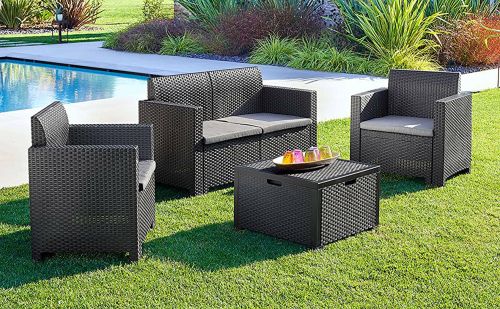 Set salotto da esterno Venere, Set da giardino con cuscini, Salottino indoor e outdoor effetto rattan, 100% Made in Italy, Antracite