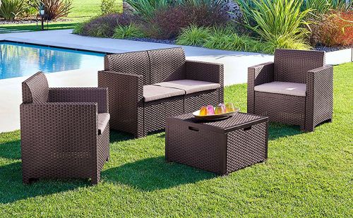 Set salotto da esterno Venere, Set da giardino con cuscini, Salottino indoor e outdoor effetto rattan, 100% Made in Italy, Marrone