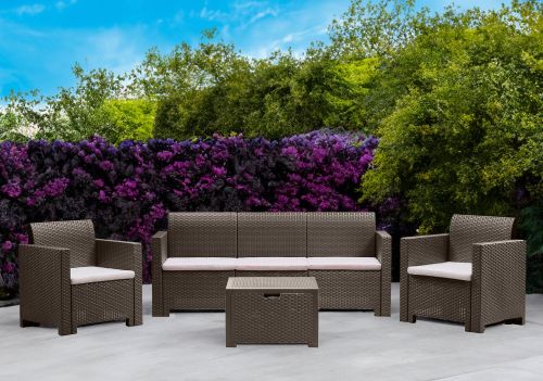Set salotto da esterno Venus, Salottino outdoor, Set da balcone o giardino, Composizione soggiorno per esterni, Made in Italy, Tortora