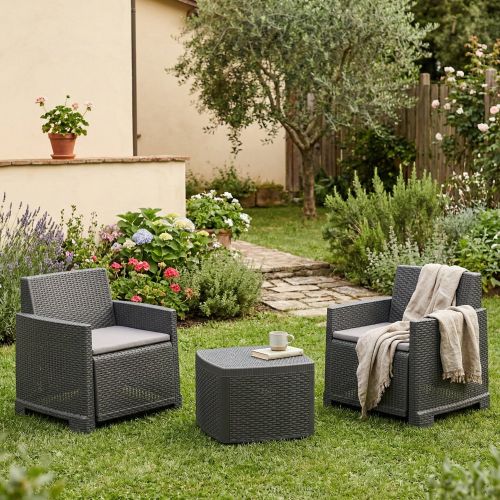 Set salotto esterno 2 poltroncine e 1 tavolino contenitore antracite - Ari