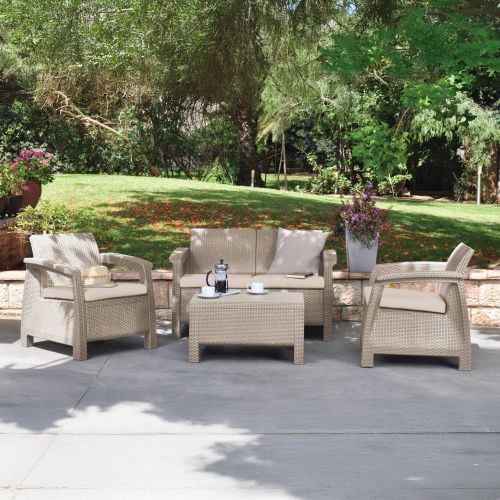 Set salotto esterno 3 posti e 1 tavolo effetto rattan beige - Nelson
