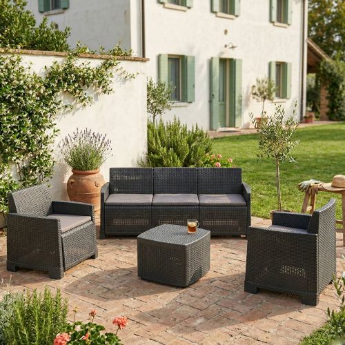 Set salotto esterno 5 posti e 1 tavolo effetto rattan antracite - Akay