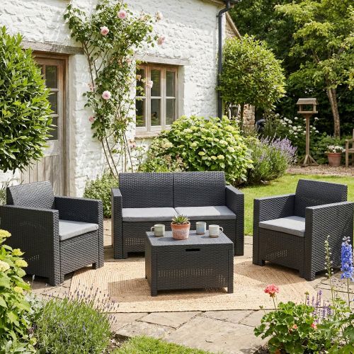 Set salotto esterno poltrone e divano con tavolino contenitore antracite - Gazania