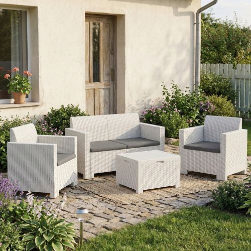 Set salotto esterno poltrone e divano con tavolino contenitore bianco - Gazania
